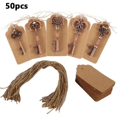 50Pcs/Lot 5 Styles Antique Bronze Metal Skeleton Key Shape Bottle Opener Rustic Wedding Souvenir Decor Gift Party Favor Supplies