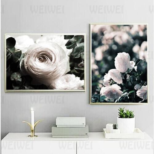 White Flowers Green Leaves Fresh Feeling Home Decoration Painting Simple Text Black White Living Room Wall Canvas Print Poster