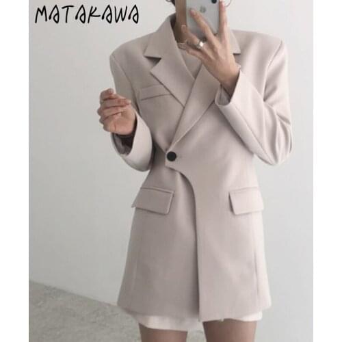 Matakawa Blazer Autumn Korean Elegant Turn Down Collar Single Breasted Irregular Woman Jacket Solid Loose High Street Coat Women