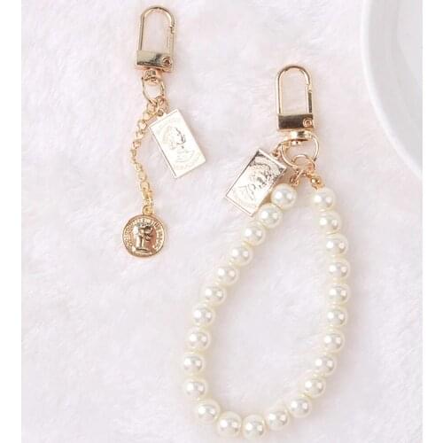 Retro Square Round Coin Keychain Double-sided Letter Diy Imitation Pearl Keyring Women Couple Car Bag Pendant Key Chains Gifts