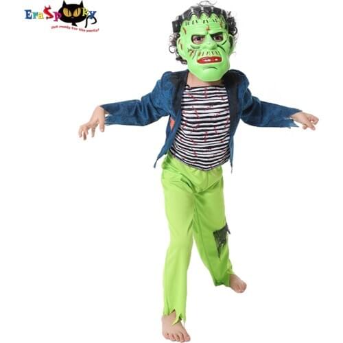 Eraspooky Children Cartoon Green Frankenstein Cosplay Halloween Costume For Kids Scary Monster Mask Boys Shirt Pants