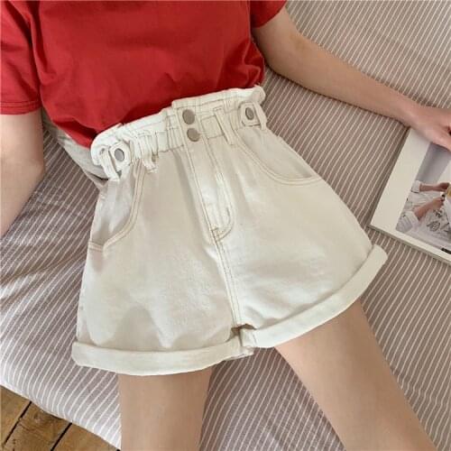 G1164 2020 summer new Korean version women big size elastic high waist chic roll edge wide leg denim shorts cheap wholesale