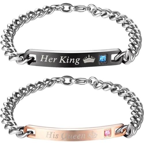 Hot His Queen Her King Couple Bracelets Spliced Heart Inlay Zircon Titanium Steel Hand Chain Man And Women Trendy Jewelry AIC88