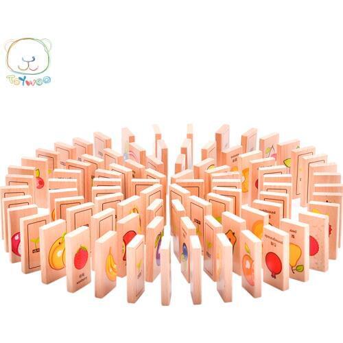Toy woo Baby Wooden Domino Toys Cartoon Fruits Figure Domino Blocks Toys Educational Matching