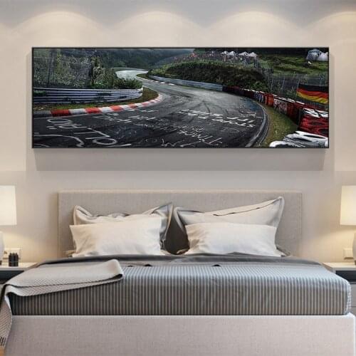 Canvas Painting of A Curved Racing Track with Text on The Ground and Graffiti on The Wall. Printed Posters for Home Decoration
