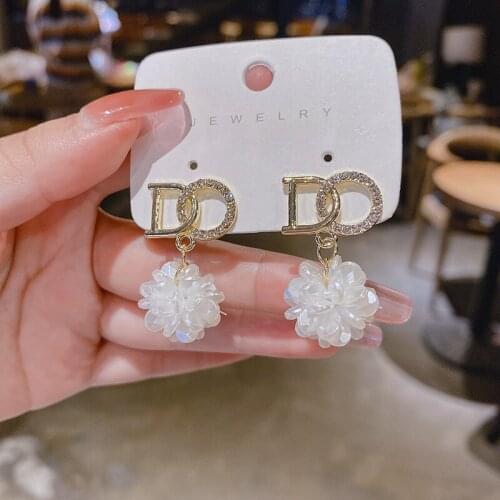 Korean Letter D Crystal Flower Earrings Temperamental Super Fairy Ball Eardrop For Women Party Jewelry Gift Classic