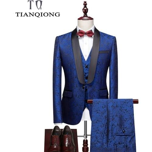 TIAN QIONG 2020 New Luxury Brand Jacquard Printed Men Suit Slim Fit Groom Wedding Tuxedo Party Male Suits Royal Blue S-5XL