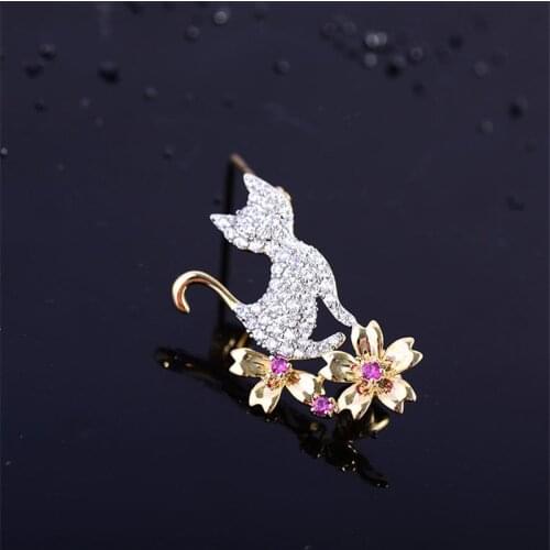 OKILY Elegant Copper with Zircon Cat Lapel Pin for Women Lovely Flower Collar Pins Small Brooches Dress Jewelry Decoration