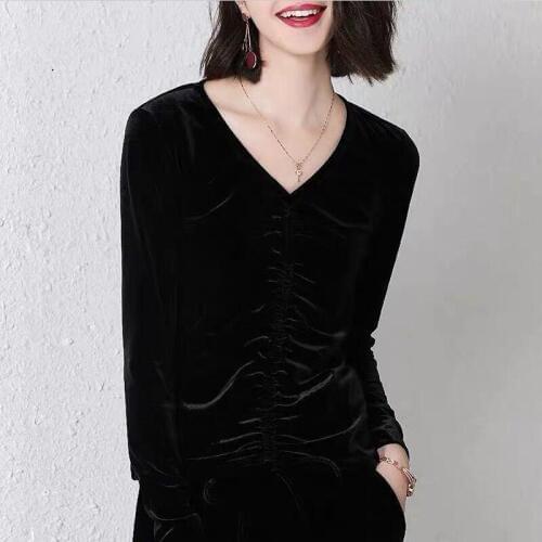 2020 Autumn V-neck Drawstring Velvet Long Sleeve T-shirt Winter Women High Quality Streetwear Velour Tops Plus Size M-7XL 8XL