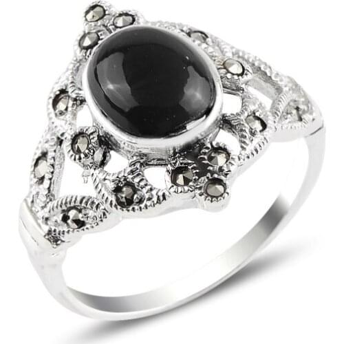 Silver 925 Sterling Onyx & Marcasite Ring