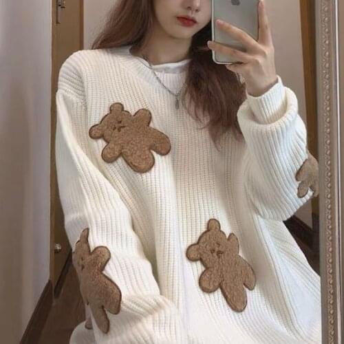 Harajuku Cartoon Bear Print Knitted Sweater Winter WomenS Loose Pullover Street Clothing Japanese Lazy Style Sweatshirt y2k
