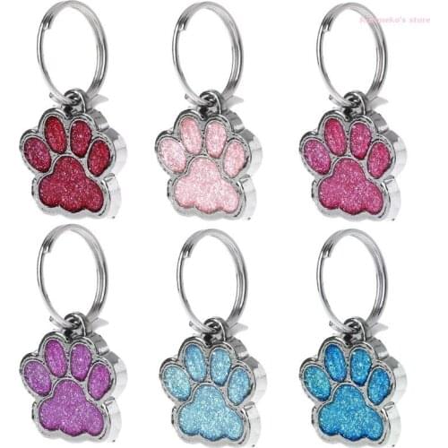 HX6D Pet Collar Tag Shiny Glitter Paw Shape Pet Dog Cat ID Tag Keychain With Ring