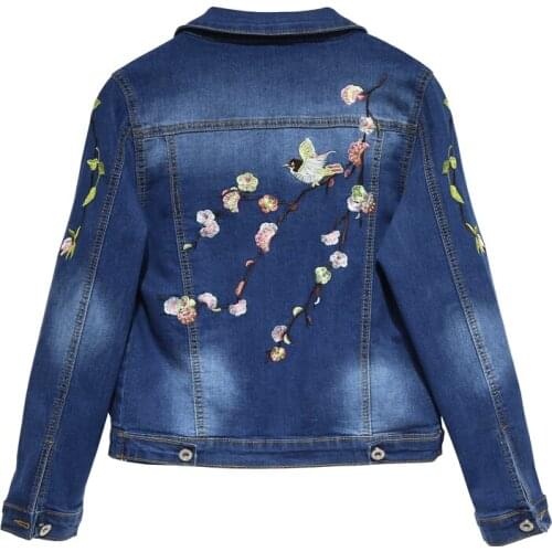 Womens Spring Autumn Long Sleeve Floral Embroidery Short Blue Denim Jacket Female Elastic High Waist Plus Size Outwear TB411