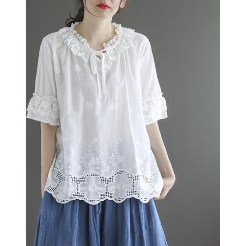 Women Summer T-shirt Retro Hollow out Lace Loose All-match Tops Female 2020 New Ruffled Drawstring Short Sleeve Casual T-shirt