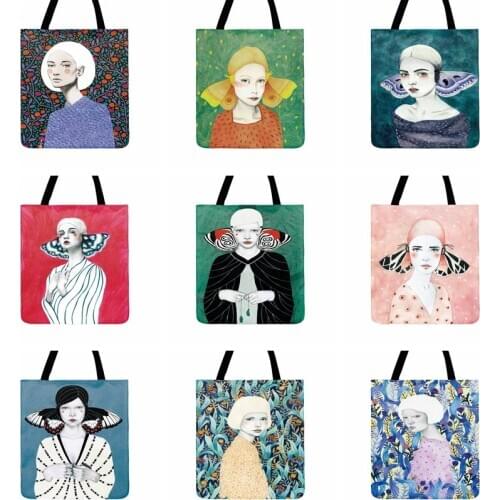 Butterfly Girl Oil Painting Art Print Tote Bag Women Casual Totes Ladies Shoulder Bags Fashion Shopping Bag Outdoor Beach Bag