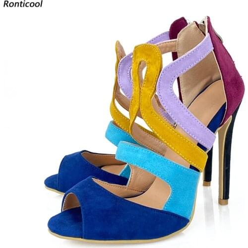 Ronticool New Handmade Women Summer Sandals Back Zipper Stiletto Heels Peep Toe Gorgeous Multi Color Dress Shoes US Size 5-15