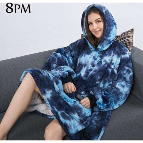 Womens Flannel Batik Long Robes Fleece Pullover Soft Lazy TV Blanket Long Sleeve Bathrobe With Hooded Home Clothes ouc1129