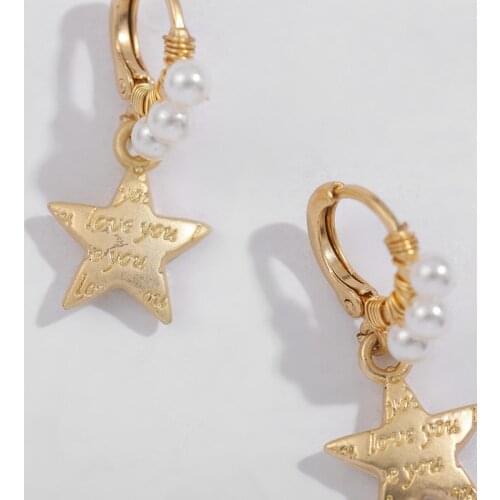 ALLNEWME Vintage Letter Print Star Hoop Earrings for Women Gold Color Metallic Geometric Pearls Beaded Hanging Earring Brincos