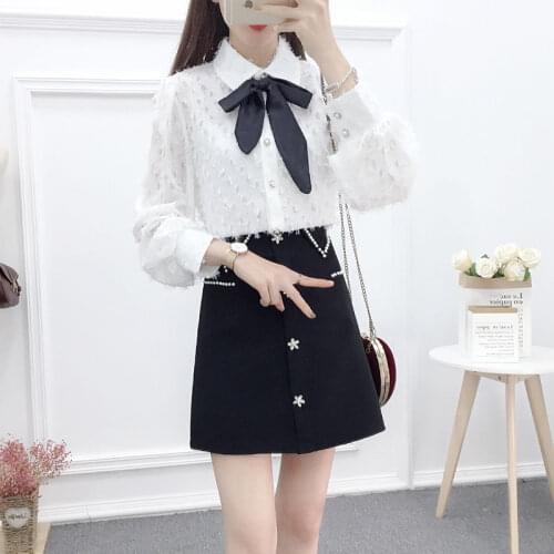 Women 2021 Spring Autumn Fashion 2 Piece Suits Female Solid Color Casual Shirts Ladies High Waist Short A-line Skirts Sets E340