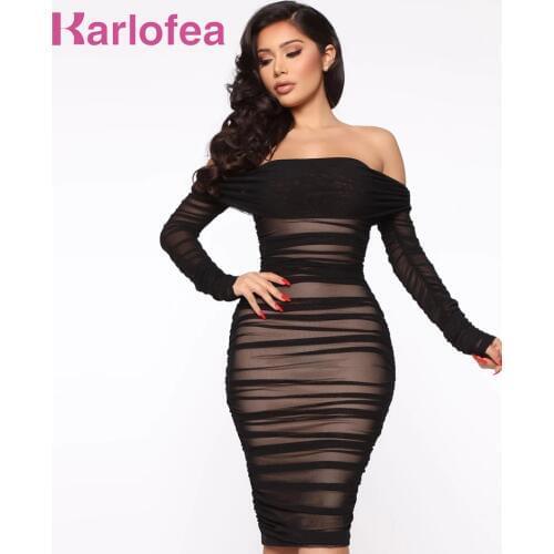 Karlofea Office Lady New Off Shoulder Ruched Dress Sexy Long Sleeve Bodycon Mesh Midi Dress Simple Elegant Daily Outfit Vestidos