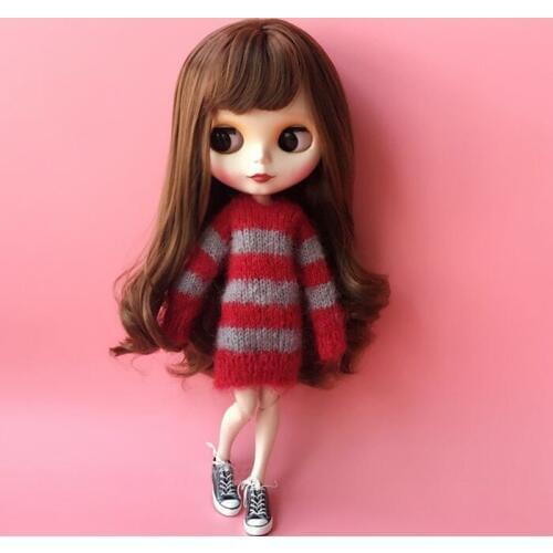 T02-X008 Blyth Doll clothes 1/6 dolls Accessories handmade long type stripe Sweater red grey color 1pcs