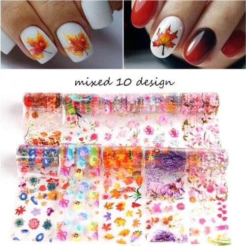 10Pcs/Set Nail Foils Maple Style Nail Transfer 3D Effect Colorful Autumn Leaves Nail Foils Nail Stickers Manicure Nail Transfer