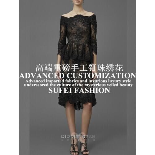 130CM Wide Handmade Black Beading Embroideried Net Lace Evening Wedding Dress Fabric S235