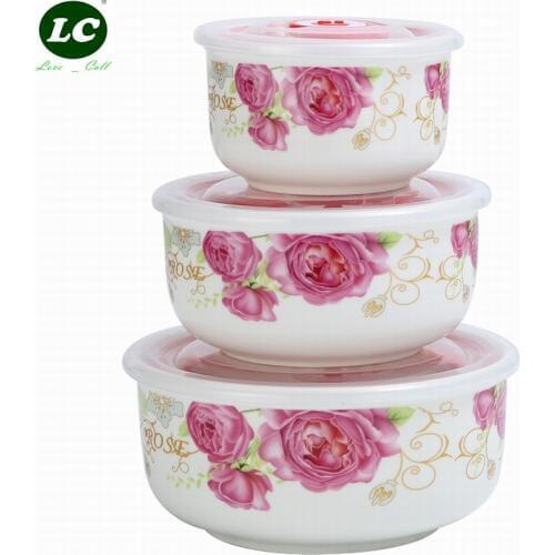 3PCS Retain Freshness Bowl Ceramic Bowl Box Sealed with microwave oven Box Lunch Salad Fruit Bowls w/Cover Dinnerware Holder