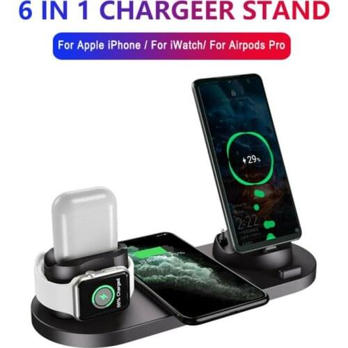 6 In1 10W Wireless Charger Stand Dock For IPhone 11 Pro Xs Max 12 Fast Wireless Charging For Apple Watch 6 5 4 SE Airpods Pro 2