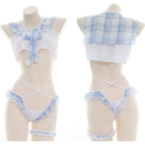 Kawaii Girls Lolita Candy Sweetheart Cosplay Maid Lace Bow Plaid Underwear Set Bikini Pajamas Anime Sexy Lingerie Set Dropship