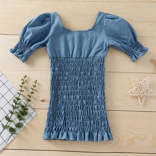 Summer Girls Sweet Close-fitting Dress Blue Solid Color Short Sleeve Square Collar Elastic Folds Denim Short Dress