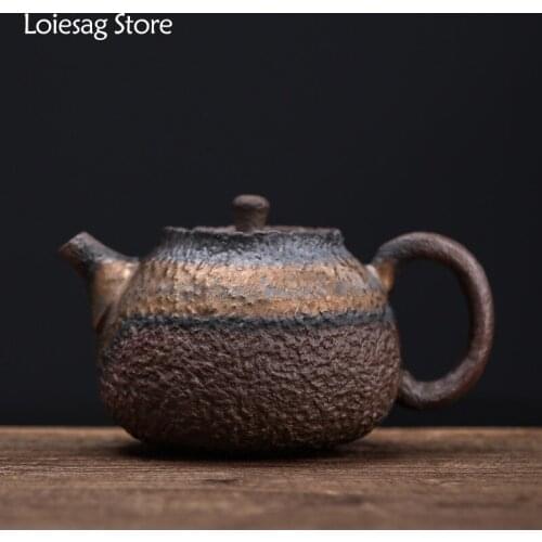 Loiesag 220ml Stone Pattern Handmade Retro Pot Japanese Style Stoneware Small Tea Pot Gilt Gold Iron Glaze Single Pot Tea Maker