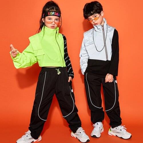 New Hip Hop Dance Costumes Boys Girls Hip Hop Performance Clothing Reflective Green Tops Black Pants For Kids Jazz Outfit BL5371