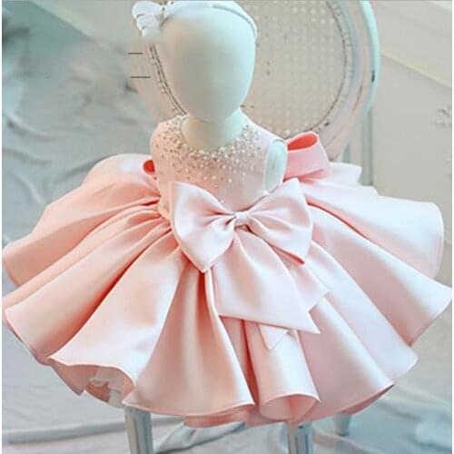 Infant Girl Clothes Beads Big Bow Newborn Baptism Dress Baby Girls Party Christening Dresses 1 Year Birthday Outfits