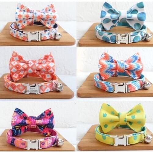 Personalized Dog Cat Collar with Bell Bow tie Kitten Necklace Customized Engraved Nameplate Puppy Small Dog Collar for Cat Kitty