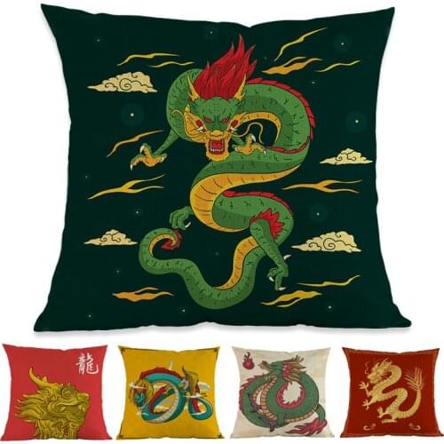 New Sale Chinese Dragon Green Red Loong Pattern Linen Throw Pillow Case Home Sofa Room Car Decorative Cushion Cover 45x45cm