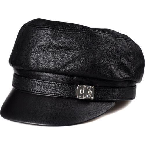 RY0114 Luxury New Deer Skin Genuine Leather 53-60 cm Flat Caps For Man Woman Snapback Casquette Metal Short Brim Black Gorras