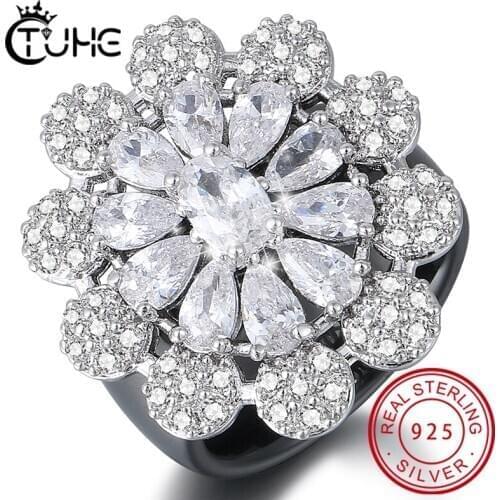 S925 Silver Rings Crystal Flower Rings Womens Zircon Ring Jewelry Womens Ceramic Rings Engagement Party Healthy Jewelry