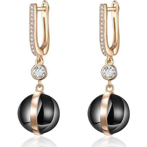 Ball Shape black Ceramic Drop Earrings for Women Gold Zirconia Gem Stone CZ Hanging Long Earrings Girls Jewelry