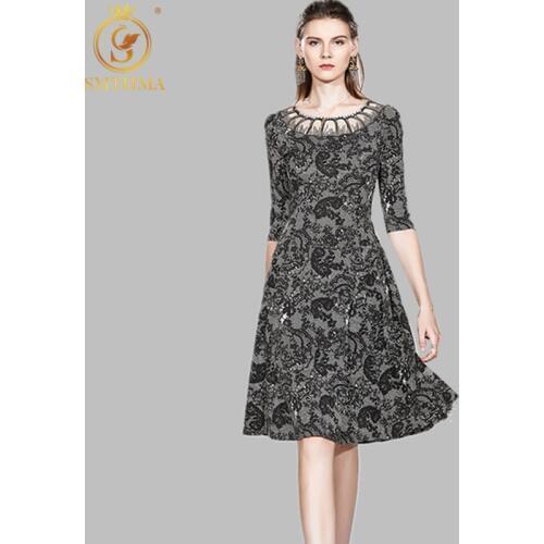SMTHMA Luxury Runway Elegant Ladies Party Dress New 2020 Spring Fashion Patchwork Lace Women Hollow embroidered dress vestidos