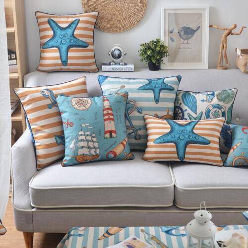 Mediterranean Home Decorative Linen Cushion Cover Retro Marine Cartoon Pattern 3639 Pillow Case Sofa Chair Waist Pillow cover