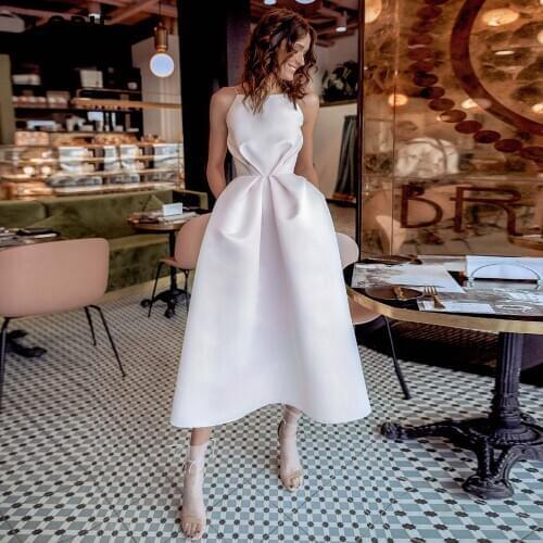 LORIE Tea-length Wedding Dresses A-line Satin Bridal Gowns Spaghetti Straps Short Beach Boho Bride Princess Party Dress 2021