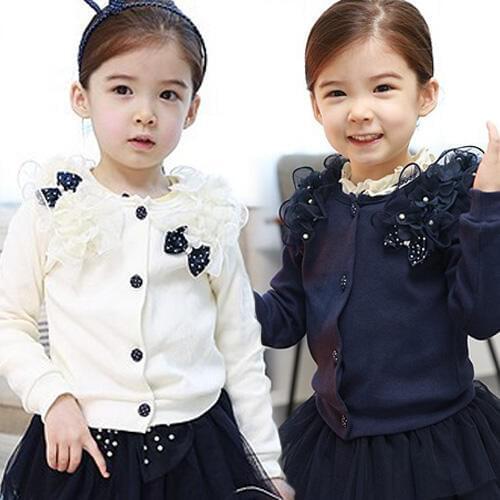 Girls Sweater 2018 Spring and Autumn Bow Decoration Lace Patchwork Pure White Blue Long-Sleeve Kids Baby Child Girl Cardigan