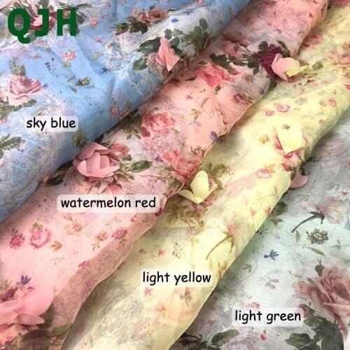 High-Quality Chiffon Applique&Printed Lace Fabric Multicolor Three-Dimensional Flowers Dress DIY Wedding Satin Apparel Cloth