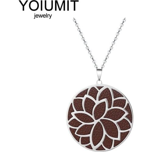 Yoiumit New Fashion Powerful Chain Stainless Steel Interchangeable Leather Pendant Round Flower Charm Clavicle Chain Necklace