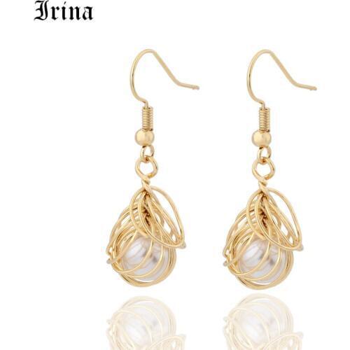 Irina 2019 Korea New Design Metal Gold Knot Geometric Irregular Imitation Pearl Long Drop Earrings For Women Girl Party Jewelr