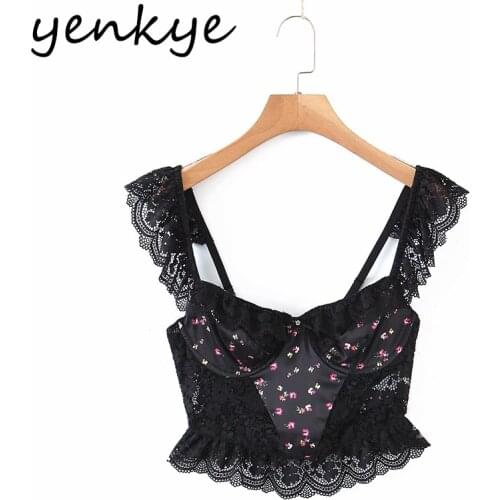 YENKYE Romantic Lace Patchwork Crop Top Women Back Hollow Out Sleeveless Sexy Tank Top Vintage Black Fashion Summer Tops