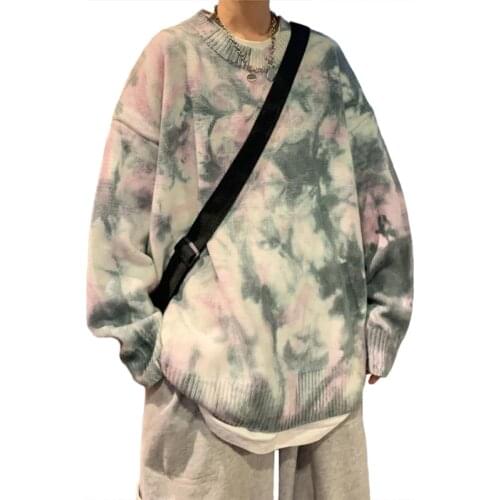 Womens Sweater Loose Tie Dyed Pullover Korean Fashion Couple Medium Length Jumper Hip Hop Oversized Winter Female 2021 ST047
