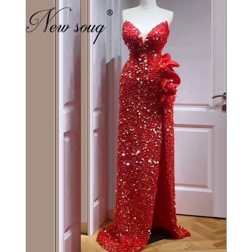Formal Fairy Beaded Celebrity Dresses Evening Dress 2020 Custom Dubai Muslim Red Strapless Prom Party Gown Arabic Robe De Soiree