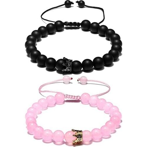2PCS/Set Couple His Hers Lover Bracelets Sets Women Mens Distance Black White Beads CZ Crown King Charm Braiding Bracelet Sets
